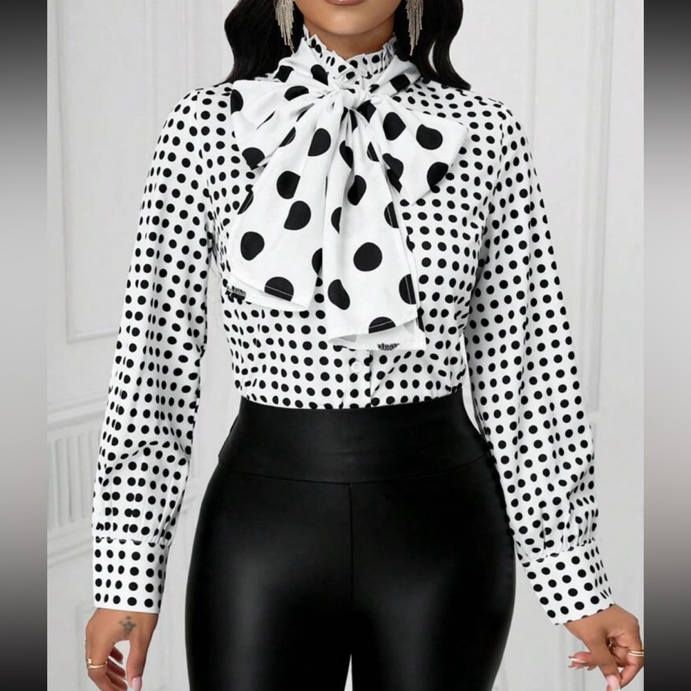 Classic Polka Dot Flare Long Sleeve Button Down Up Shirt  Blouse Top Black White